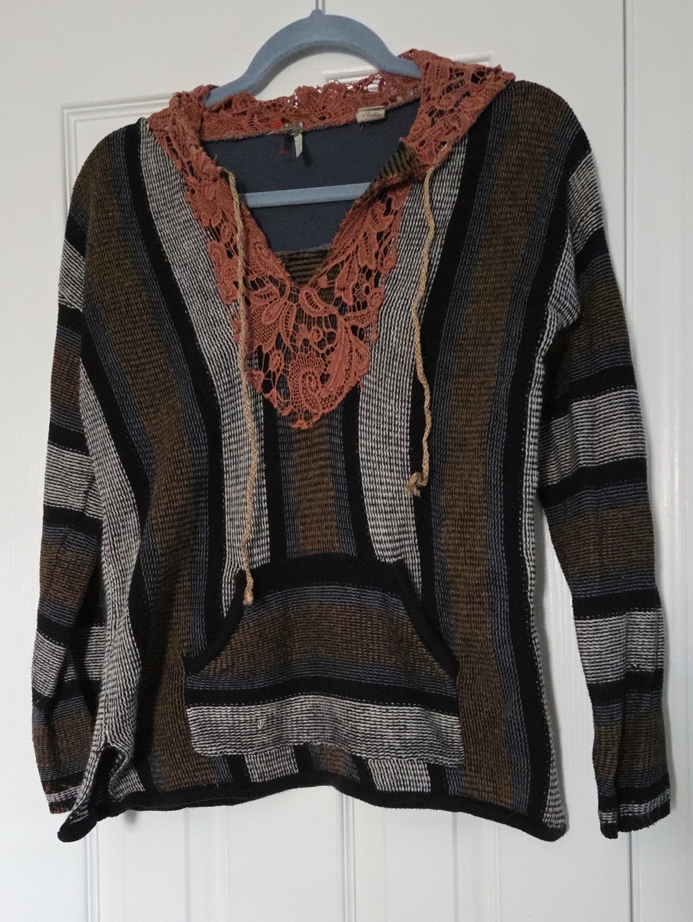 Etro Striped V-Neck Sweater with Lace Trim - Black, Brown, Cream